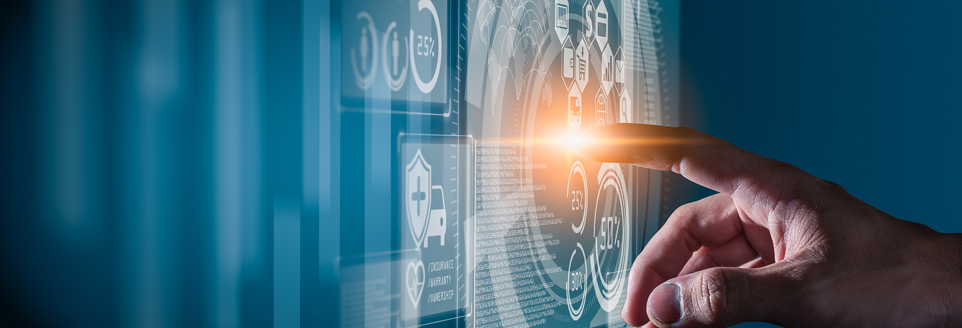 Hand pointing to a business virtual hologram through a computer screen