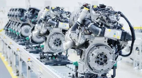 New manufactured engines on assembly line in a factory