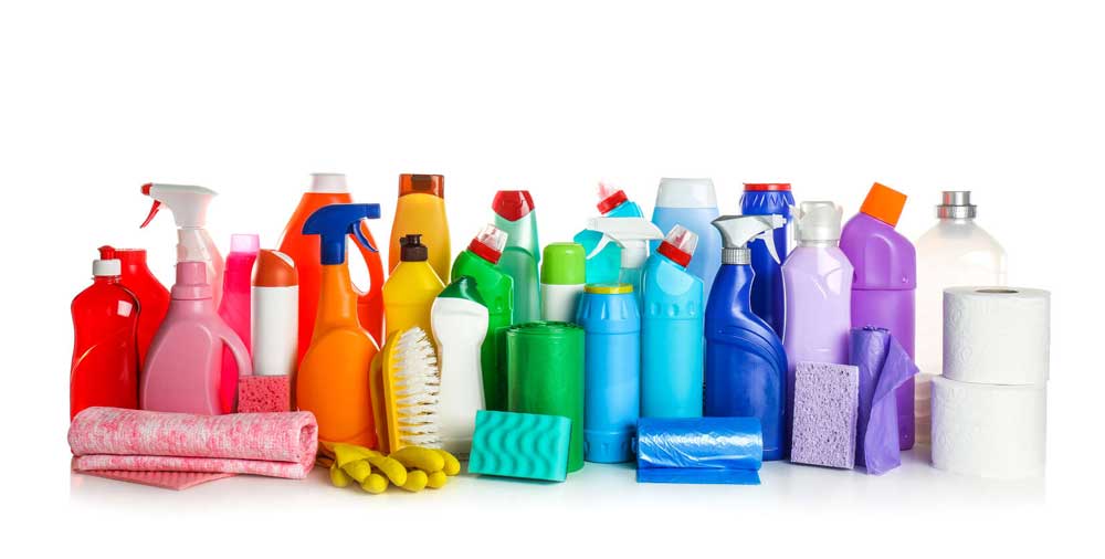 Set of cleaning supplies on white background